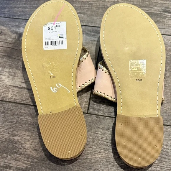 Jack Rogers Blush Leather Embroidered Puppy Thong Sandals with Gold Trim - Picture 3 of 3